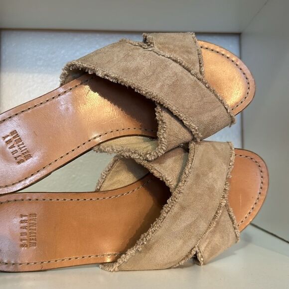 Stuart Weitzman Suede Crossover Slide Sandals Taupe Fringe Trim Minimalist - Picture 11 of 15